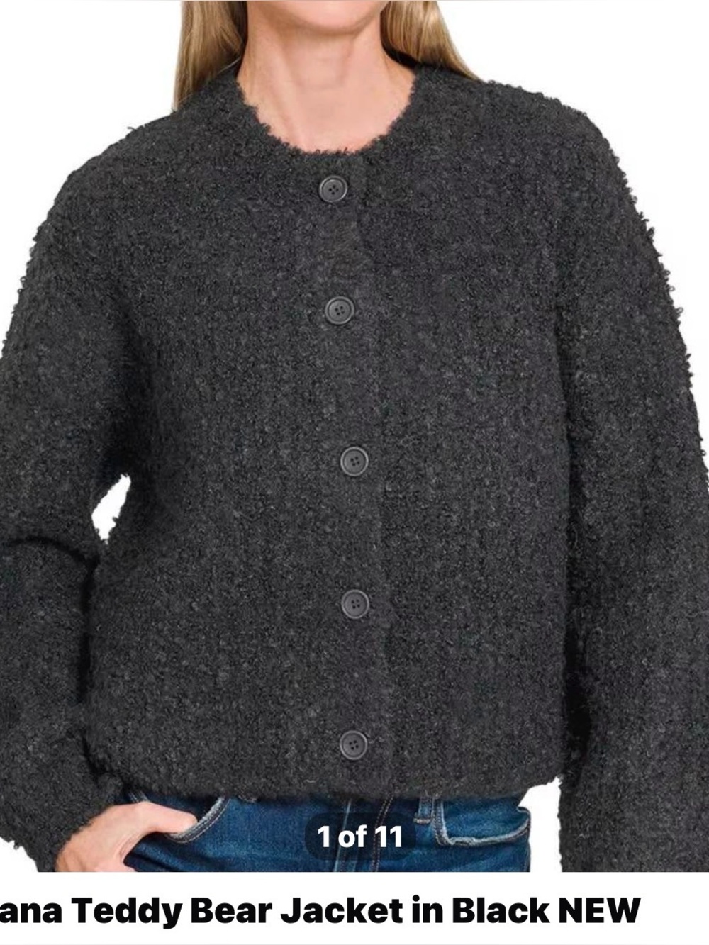 Zenana Teddy Bouclé Button Jacket - black